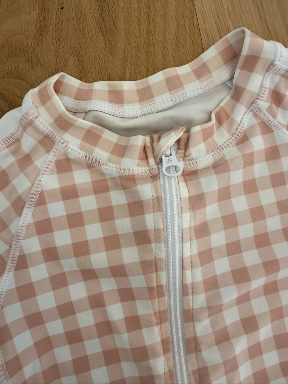 Kids Long-Sleeve Zip Rashguard One-Piece in Light Pink Gingham 3/4T